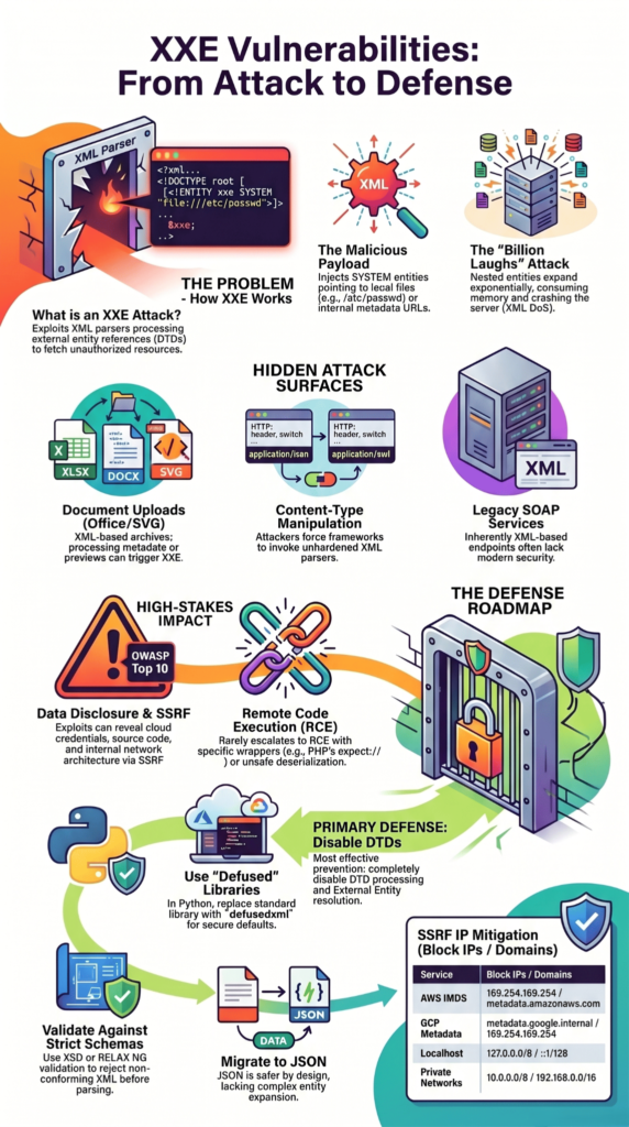 XML External Entity (XXE) Prevention roadmap covering attack methods, hidden surfaces, high-stakes impacts, and defense strategies.