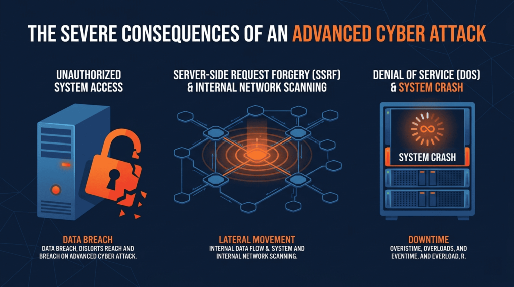 Infographic depicting what is xxe vulnerability attack consequences including unauthorized access, SSRF, and denial of service system crash.