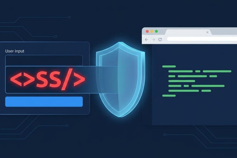 Security shield blocking malicious script from a user input field, illustrating sanitizing user input avoid XSS attacks.