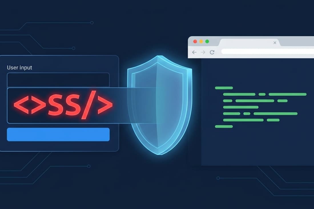 Security shield blocking malicious script from a user input field, illustrating sanitizing user input avoid XSS attacks.