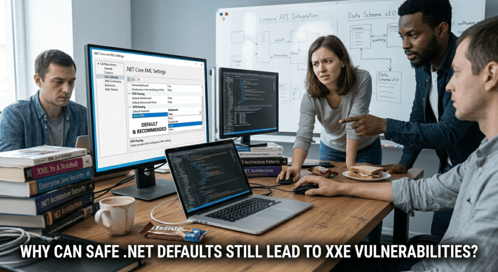 Developers reviewing .NET Core XML settings panel, discussing preventing xxe injection java .net through proper DTD configuration.