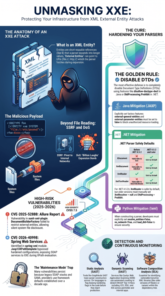 Infographic covering XXE attack anatomy and parser hardening techniques for preventing xxe injection java .net across multiple platforms.