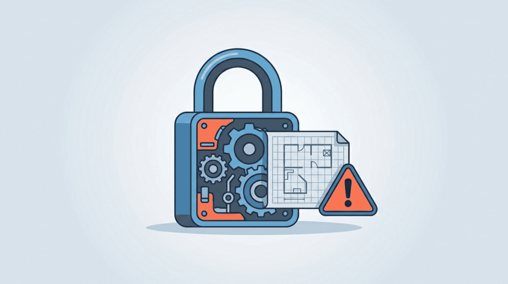 Padlock with gears and warning sign illustrating xxe attack examples scenarios code security misconfiguration risks.