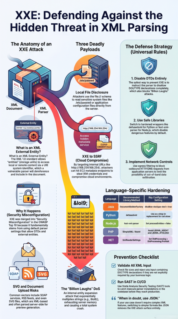 Infographic showing xxe attack examples scenarios code including payloads, defense strategy, and language-specific hardening.