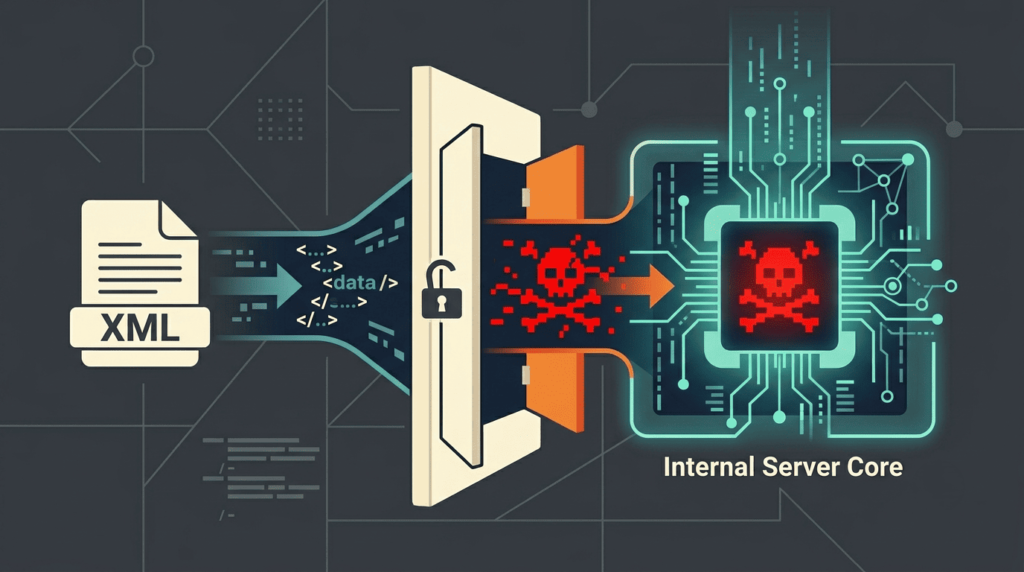 XML data passing through an unlocked door into a compromised server core, illustrating testing for xxe vulnerabilities tools.