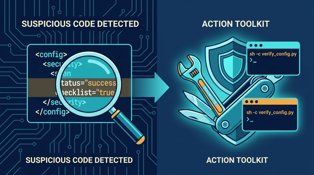 Magnifying glass scanning XML config code, representing testing for xxe vulnerabilities tools with a diagnostic action toolkit.