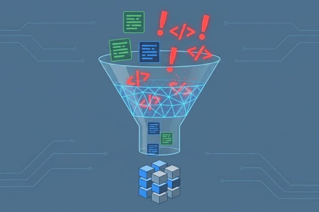 Filter funnel removing dangerous code tags from data, representing the process of sanitizing user input avoid XSS risks.
