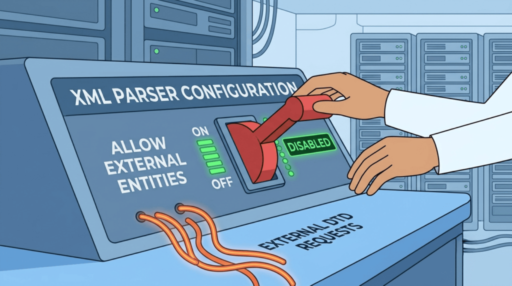 Developer disabling external entities on an XML parser panel, following xxe mitigation strategies developers guide best practices.