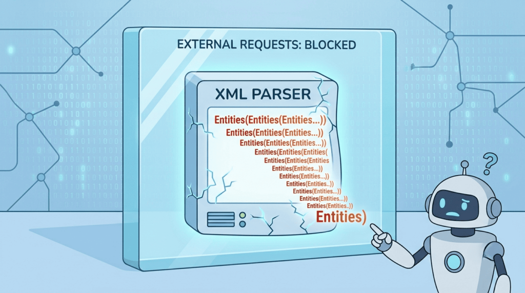 Robot pointing at a cracked XML parser flooded with recursive entities, illustrating xxe mitigation strategies developers guide concepts.
