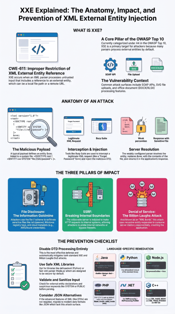 Infographic covering anatomy, impact, and prevention checklist as part of a complete xxe mitigation strategies developers guide.