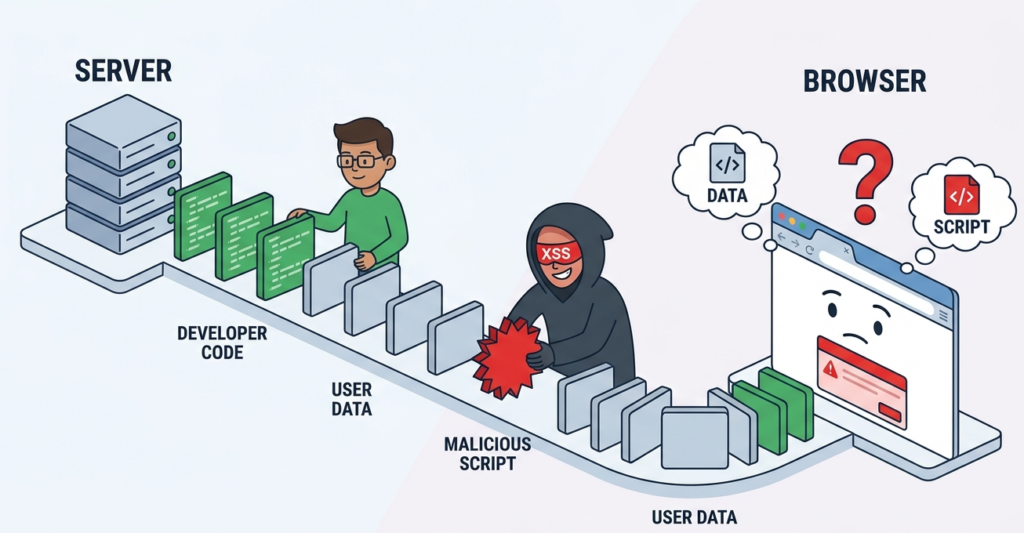 An illustration of a web browser confused by malicious data within the classic types of cross site scripting. 