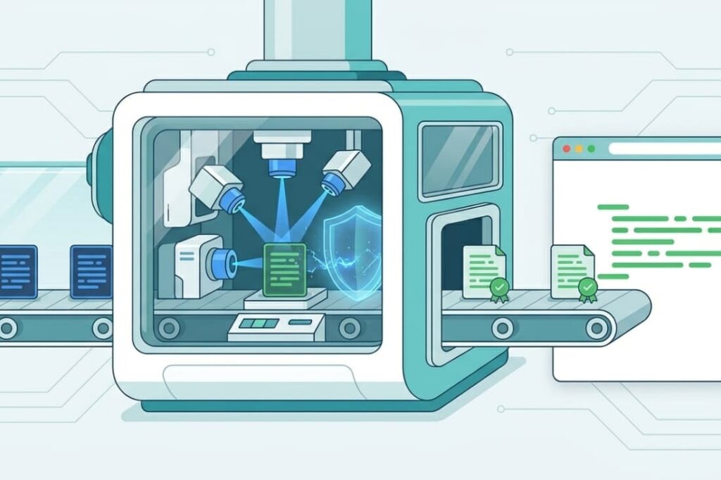 Automated machine scanning and certifying clean documents, depicting sanitizing user input avoid XSS through validation.