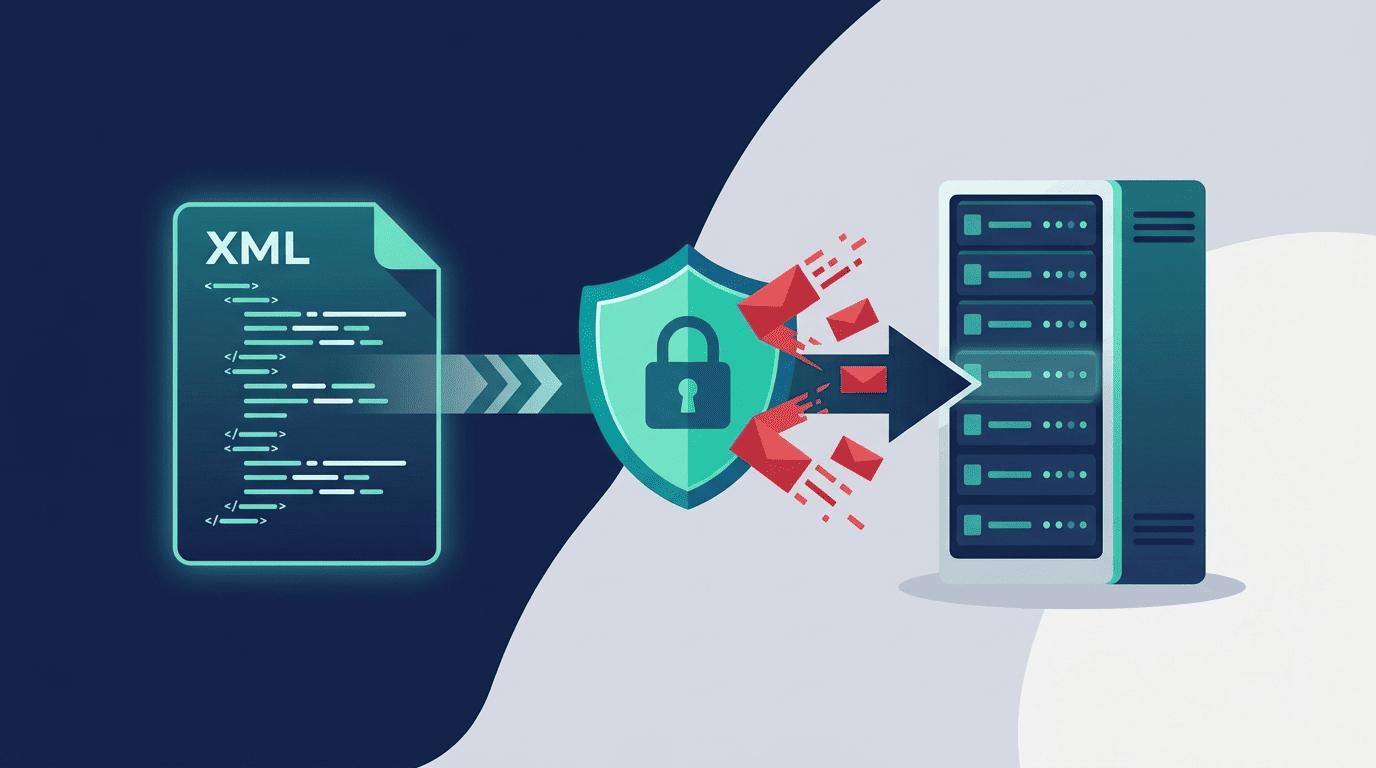 XML document passing through a security shield that blocks malicious payloads by disabling external entities xml parser before reaching the server.