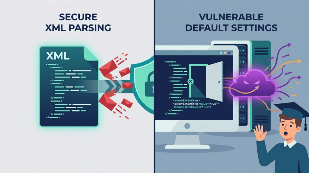 Split illustration contrasting secure XML parsing with vulnerable default settings, highlighting disabling external entities xml parser importance.