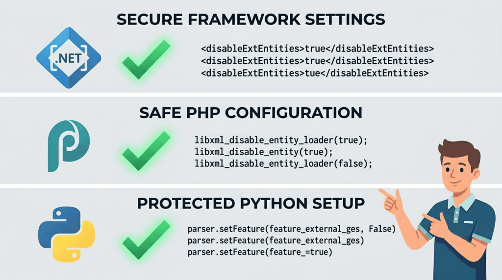 Developer pointing at secure .NET, PHP, and Python configurations for disabling external entities xml parser across multiple frameworks.