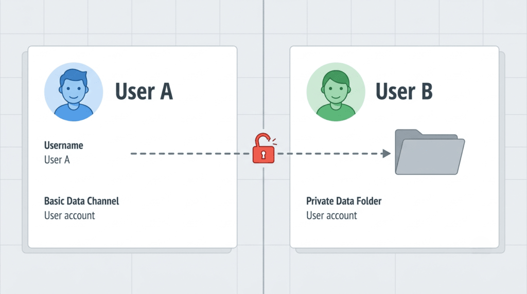 Diagram of Broken Access Control Examples showing User A accessing User B's private data folder via open lock