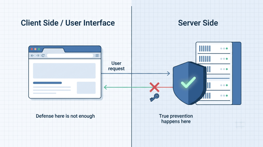 Broken Access Control Examples highlighting why server-side enforcement matters more than client-side UI defense