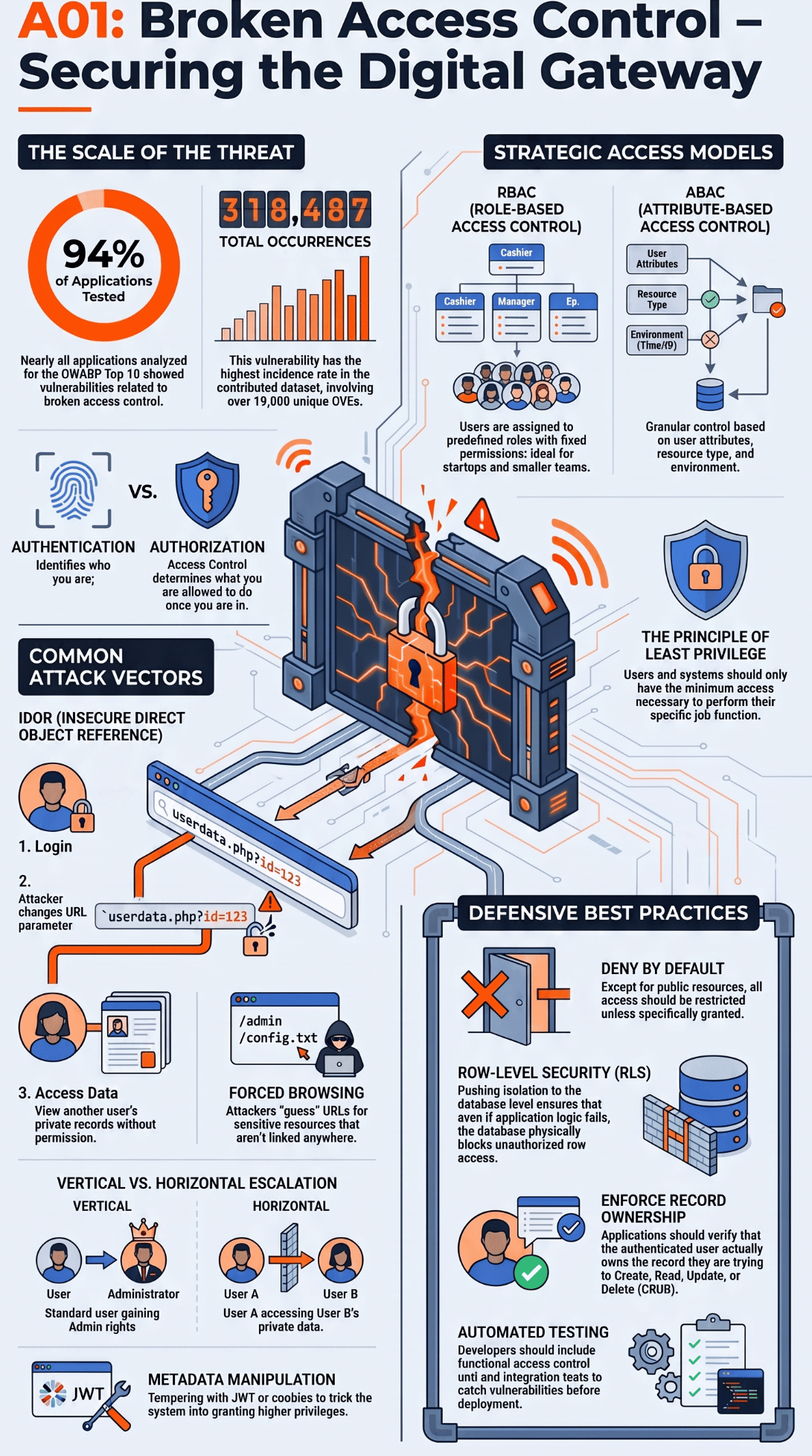 Visual guide to Broken Access Control Examples with attack vectors, threat scale, and defensive best practices