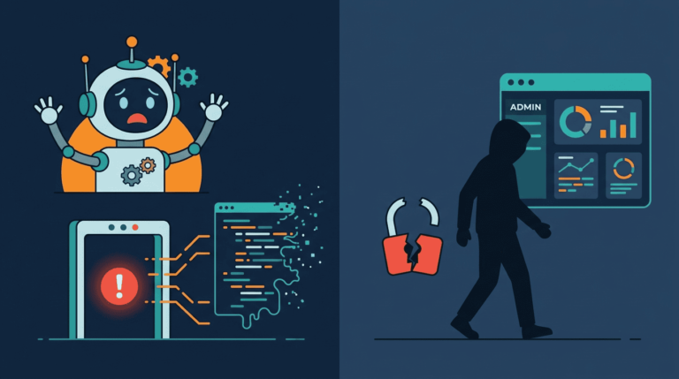 Types of broken access control depicted through system alerts, corrupted code, and unauthorized admin panel access