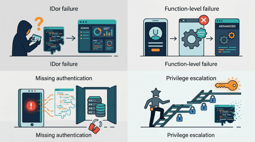 Four types of broken access control shown: IDOR failure, function-level failure, missing authentication, and privilege escalation