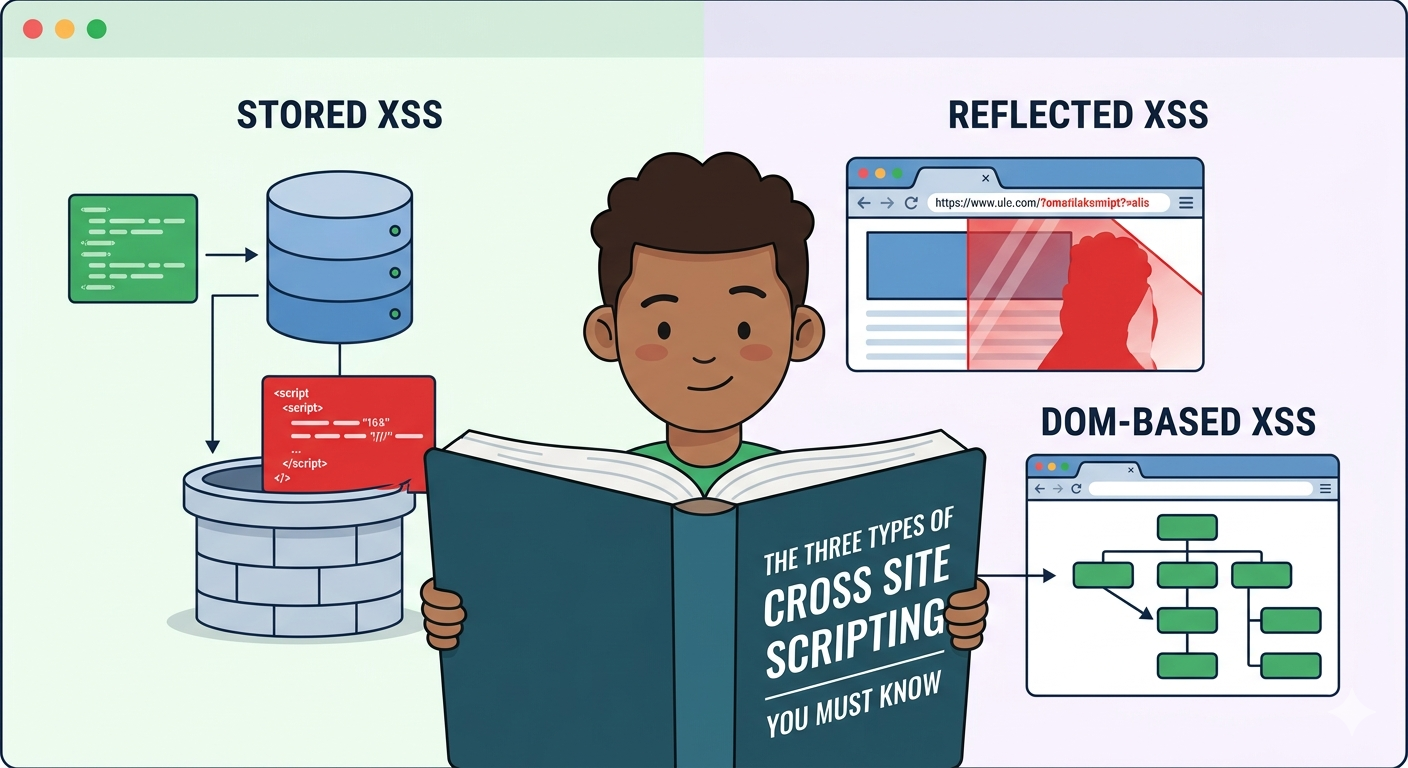 Flat vector graphic of a developer reading a textbook outlining the three core types of cross site scripting. 