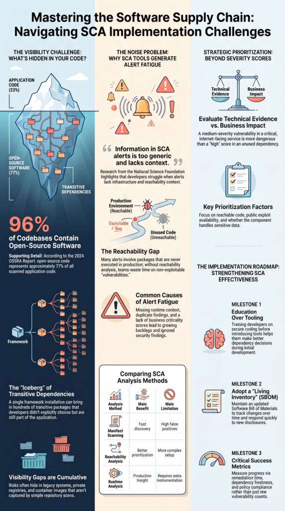 Challenges implementing SCA effectively illustrated through software supply chain security concepts and workflows.