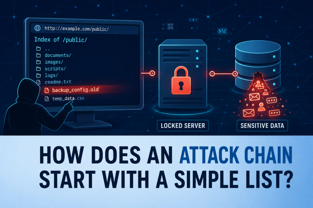 Directory listing vulnerability prevention failure exposes a hacker to sensitive backup files and data.