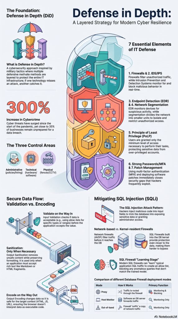 Cybersecurity infographic showing layered defense strategy for preventing injection server side validation attacks