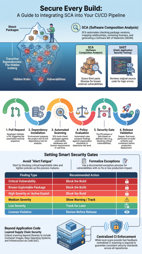 Integrating SCA CI CD pipeline illustrating automated software composition analysis and security validation across releases.