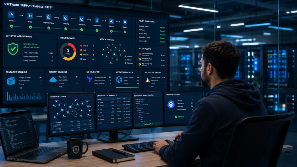 Layered software supply chain security with container scanning, infrastructure validation, and build artifact protection use integrating SCA CI CD pipeline.