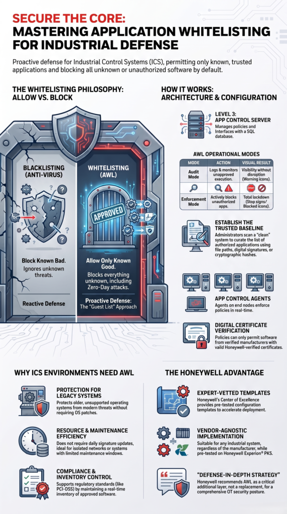 Diagram comparing blacklisting and whitelisting, showing Input Validation & Sanitization for industrial control systems.