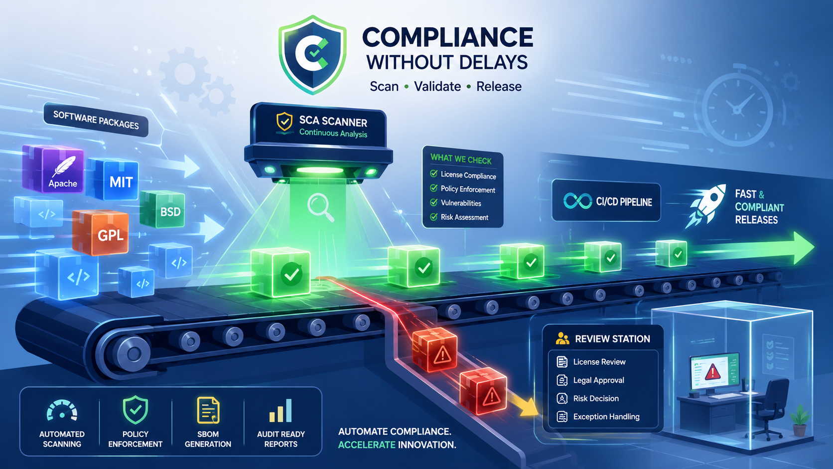 Open source license compliance SCA workflow showing software license governance and dependency management.