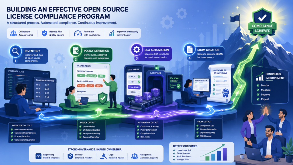 Software composition analysis workflow supporting automated open source license compliance SCA throughout development.