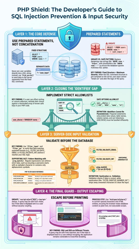 Infographic showing server side input validation php examples using prepared statements and filter functions.