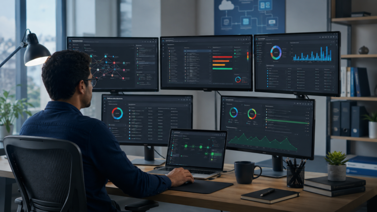 Top SCA tools comparison overview with a developer analyzing dependency security and compliance dashboards