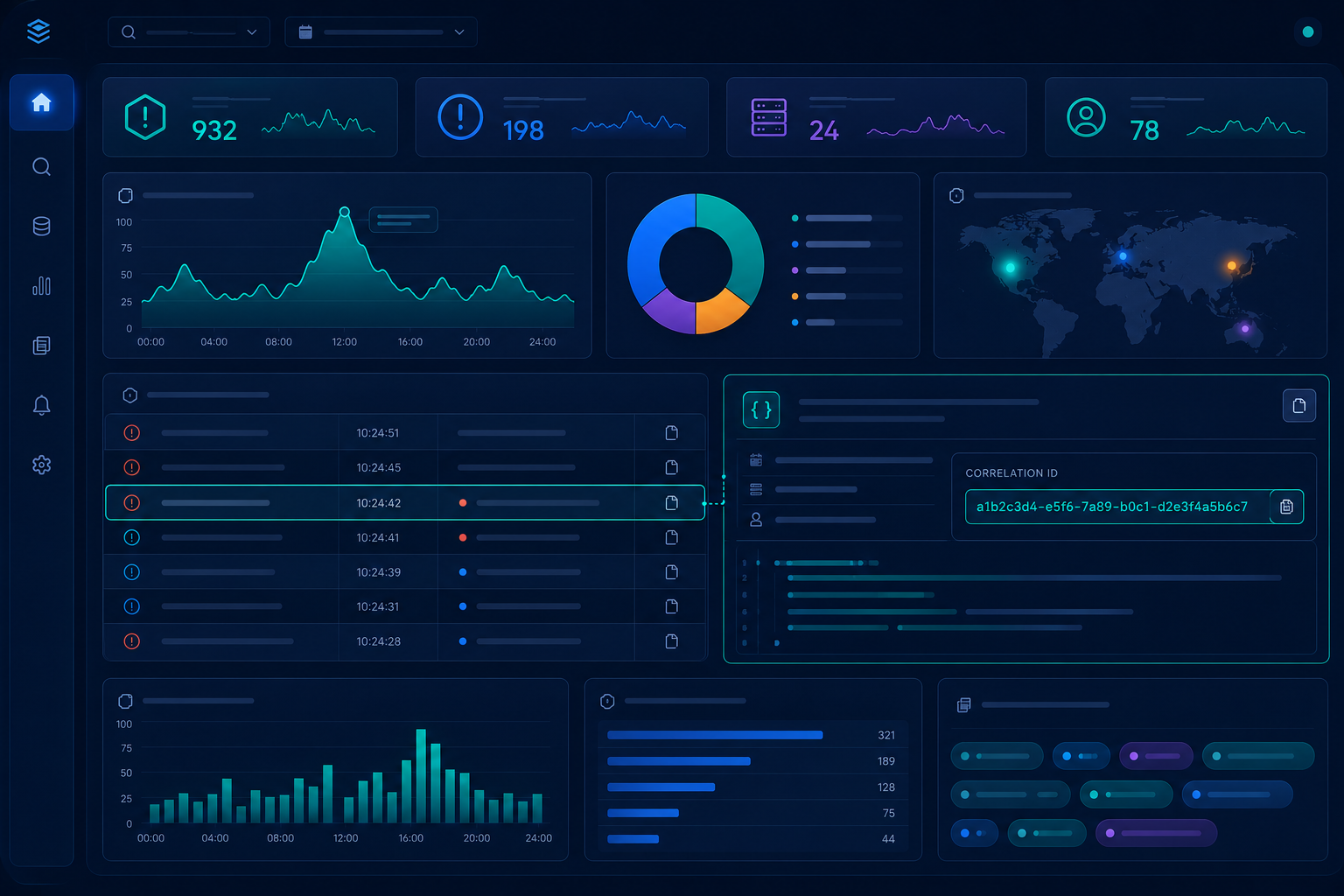 Dashboard interface showing centralized log analysis to solve verbose error messages security risk issues.