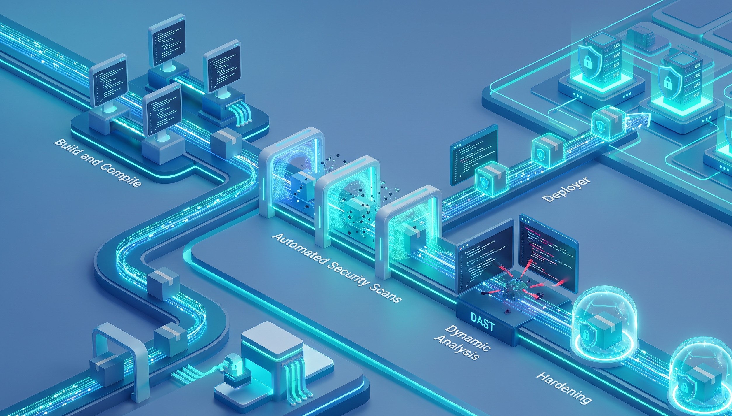 llustration of an automated hardening pipeline for secure server deployment.