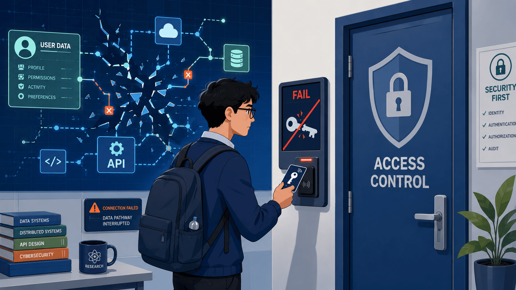 Developer experiencing checking permissions access control fail at a secured door scanner with broken API data pathway connection.
