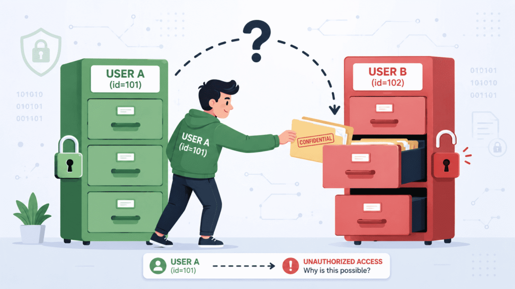 Illustration of checking permissions access control fail where User A retrieves confidential files from another user's locked cabinet.