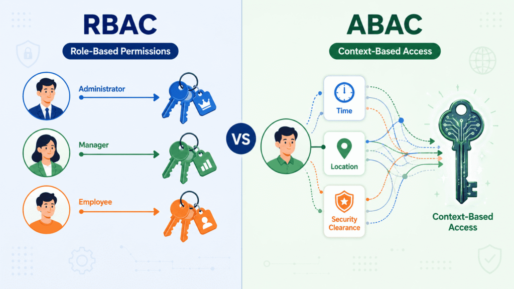 Diagram comparing RBAC and ABAC models to address checking permissions access control fail through role and context-based authorization.