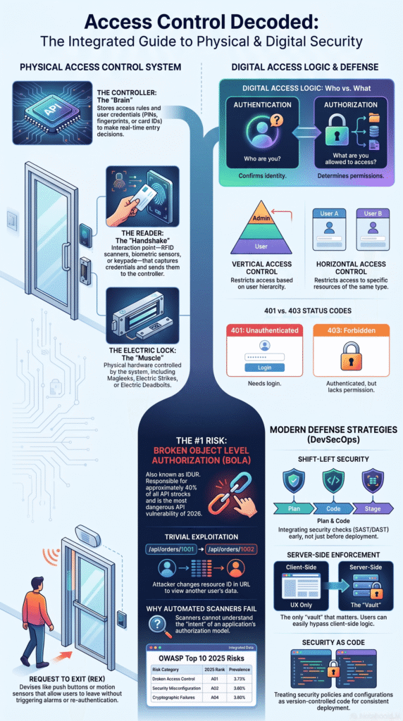 Infographic explaining checking permissions access control fail through BOLA risks, DevSecOps defense strategies, and authentication logic.