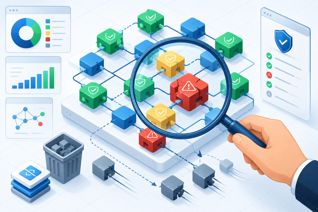 An illustration showing a developer using a magnifying glass to inspect a complex set of connected building blocks (dependencies) for vulnerabilities.