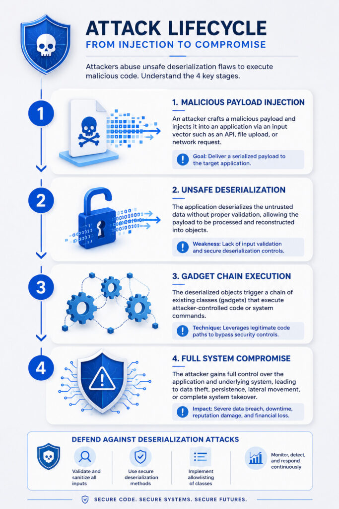 Portrait infographic illustrating the deserialization attack lifecycle.