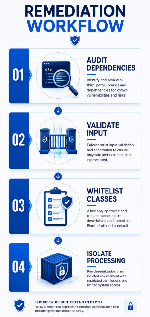 Portrait infographic detailing 4 steps for remediating deserialization vulnerabilities: Audit, Validate, Whitelist, Isolate.