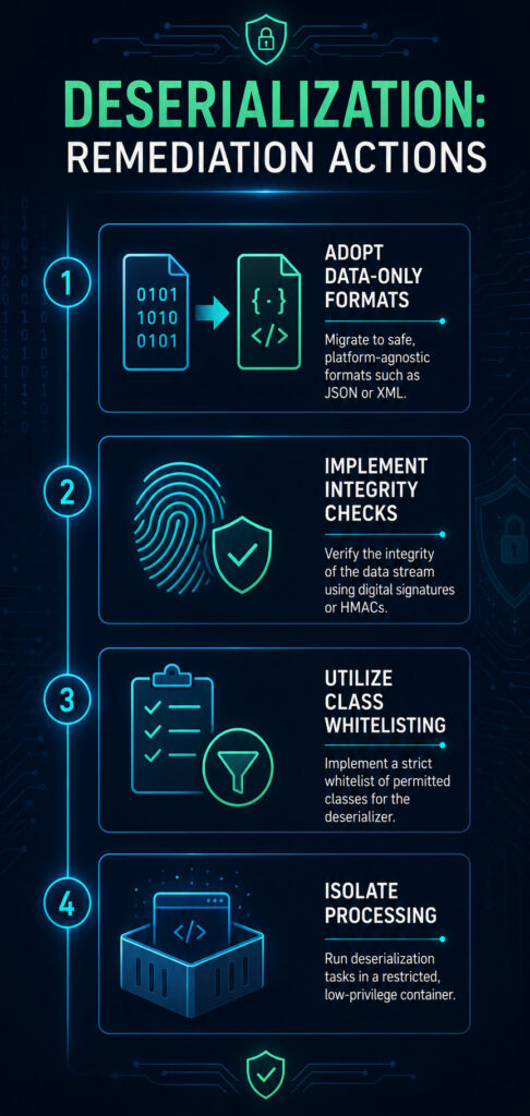 An infographic titled "Deserialization: Remediation Actions" listing four key security measures: Adopt Data-Only Formats, Implement Integrity Checks, Utilize Class Whitelisting, and Isolate Processing.