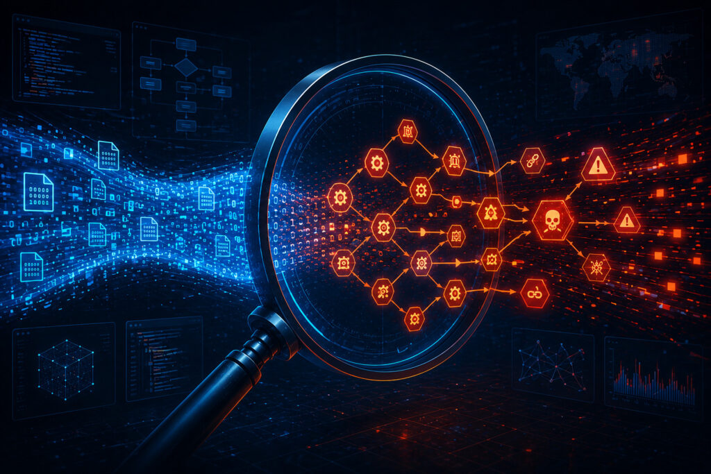 A digital art piece illustrating the concept of detecting a gadget chain, showing a data stream flowing through a magnifying glass that reveals hidden, interconnected explosive triggers.