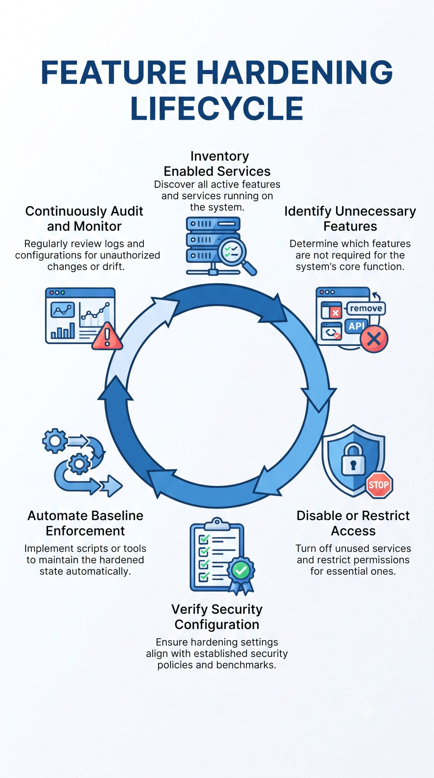 Infographic showing the unnecessary features enabled security hardening lifecycle from inventory to continuous monitoring.