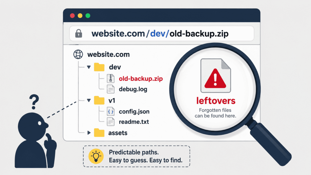 Illustration of force browsing vulnerability examples showing exposed backup files discovered through predictable directory paths.