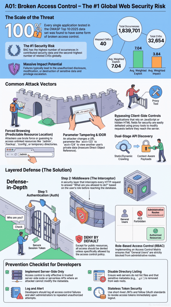Infographic covering force browsing vulnerability examples within OWASP A01 broken access control attack vectors and layered defense strategies.