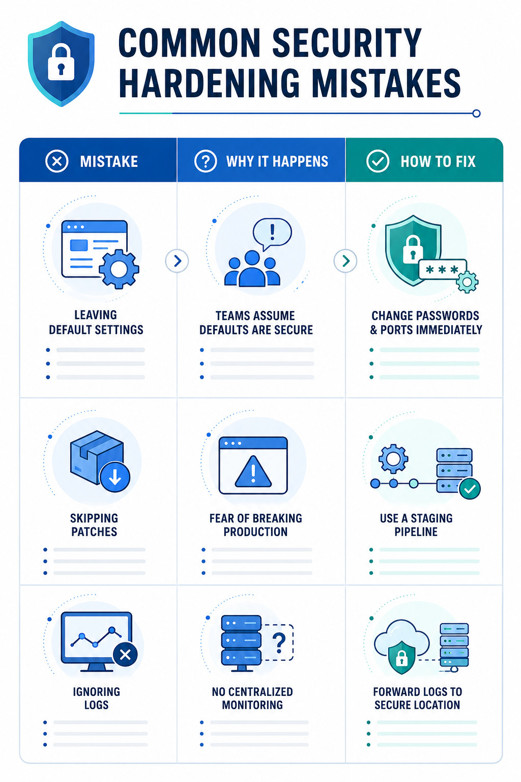 Infographic displaying hardening mistakes, reasons, and fixes.